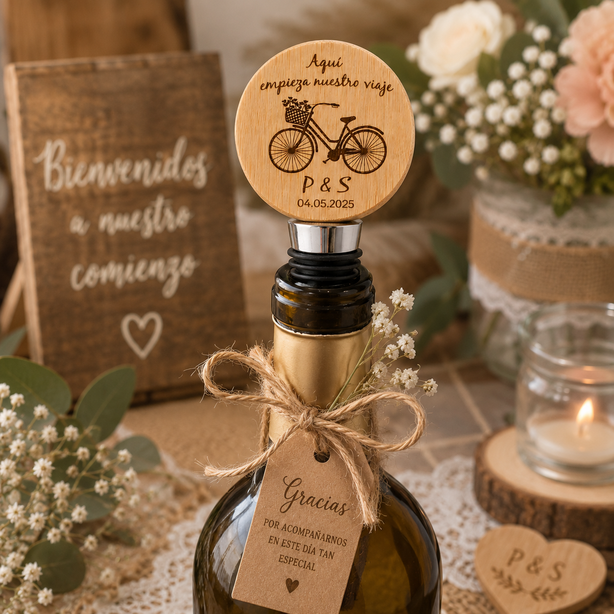 Tapón de Botella de Vino Personalizado con Abridor | Regalo de Boda Grabado en Bambú