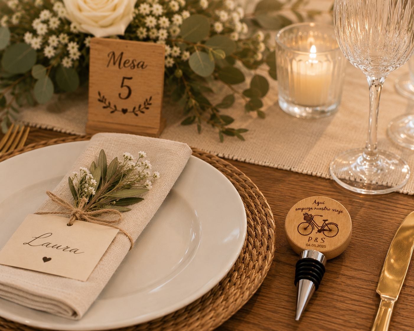 Tapón de Botella de Vino Personalizado con Abridor | Regalo de Boda Grabado en Bambú