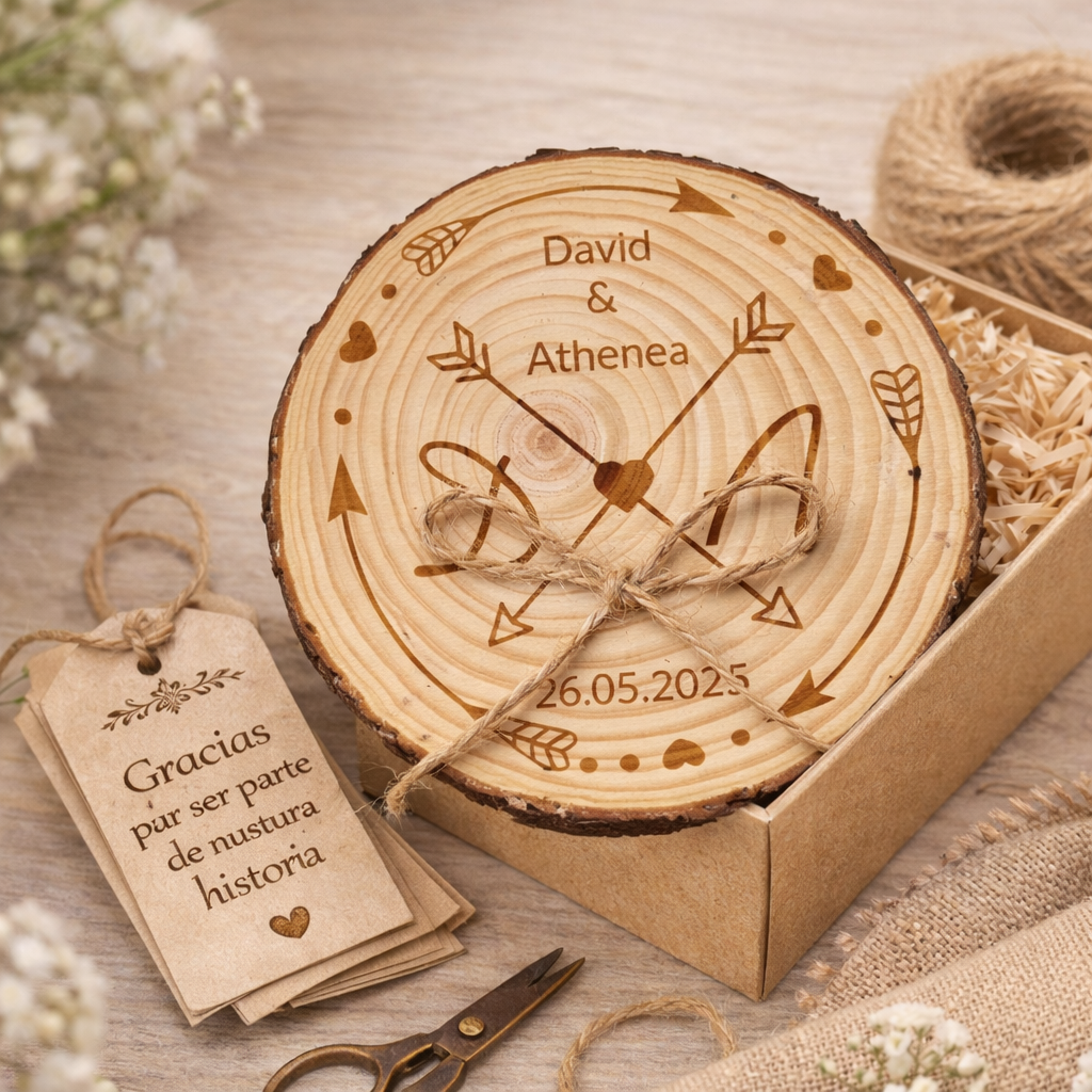 Porta alianzas de boda personalizable en rodaja de madera natural modelo flechas