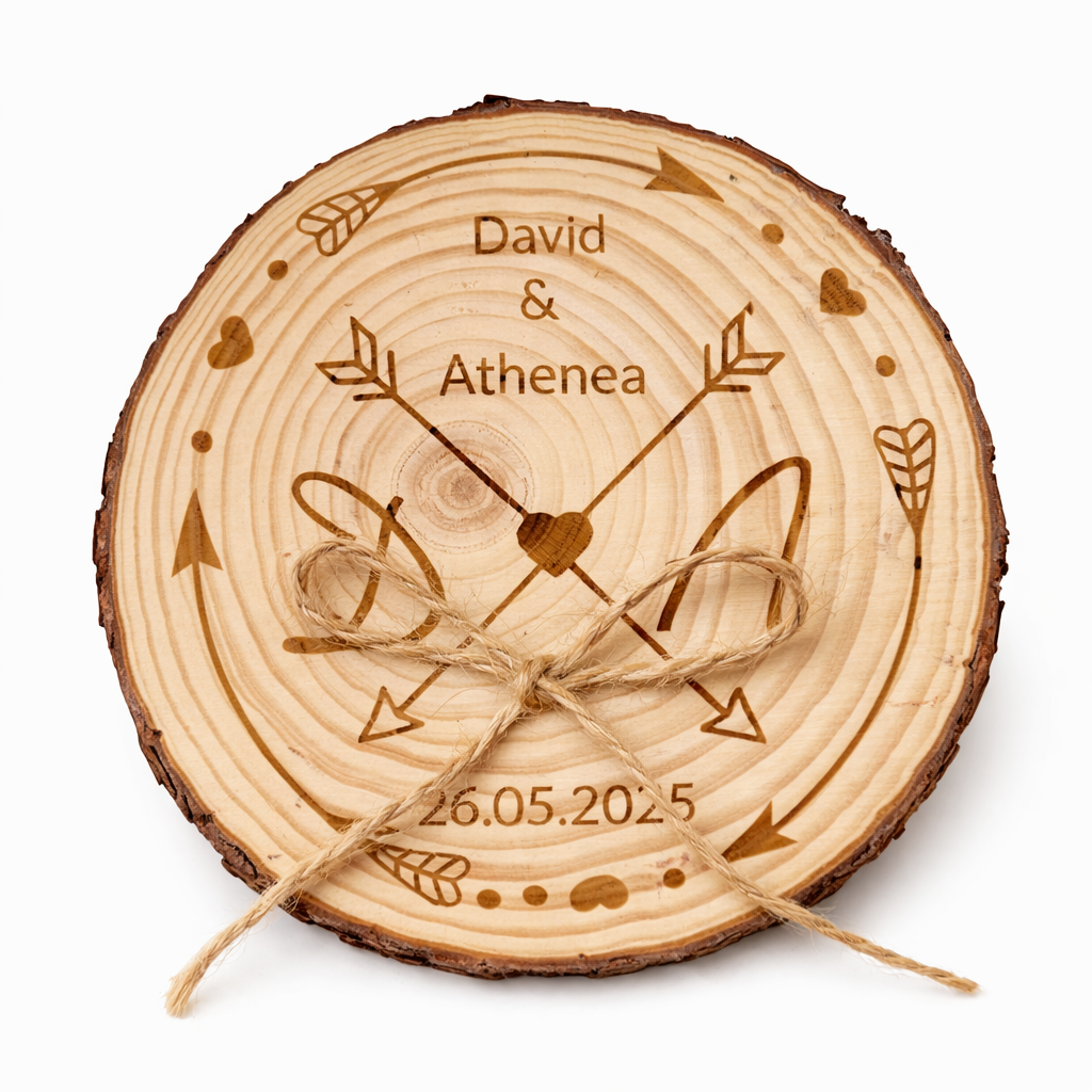 Porta alianzas de boda personalizable en rodaja de madera natural modelo flechas