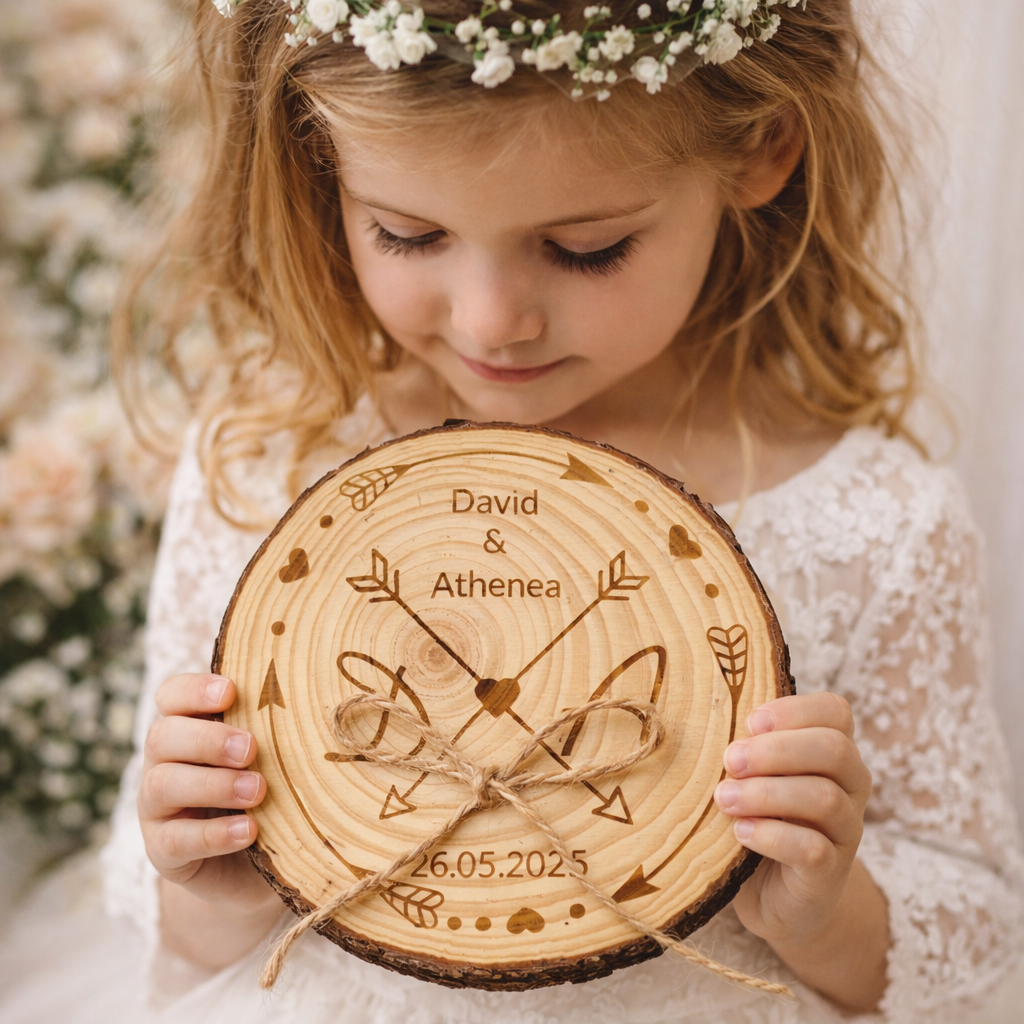 Porta alianzas de boda personalizable en rodaja de madera natural modelo flechas