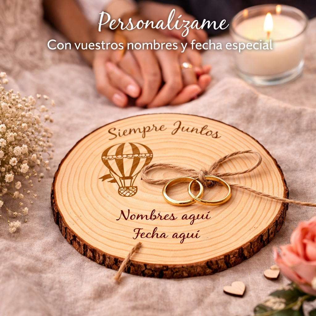 Porta alianzas de boda personalizable en rodaja de madera natural modelo globo