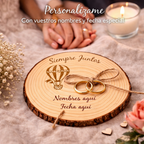 Porta alianzas de boda personalizable en rodaja de madera natural modelo globo