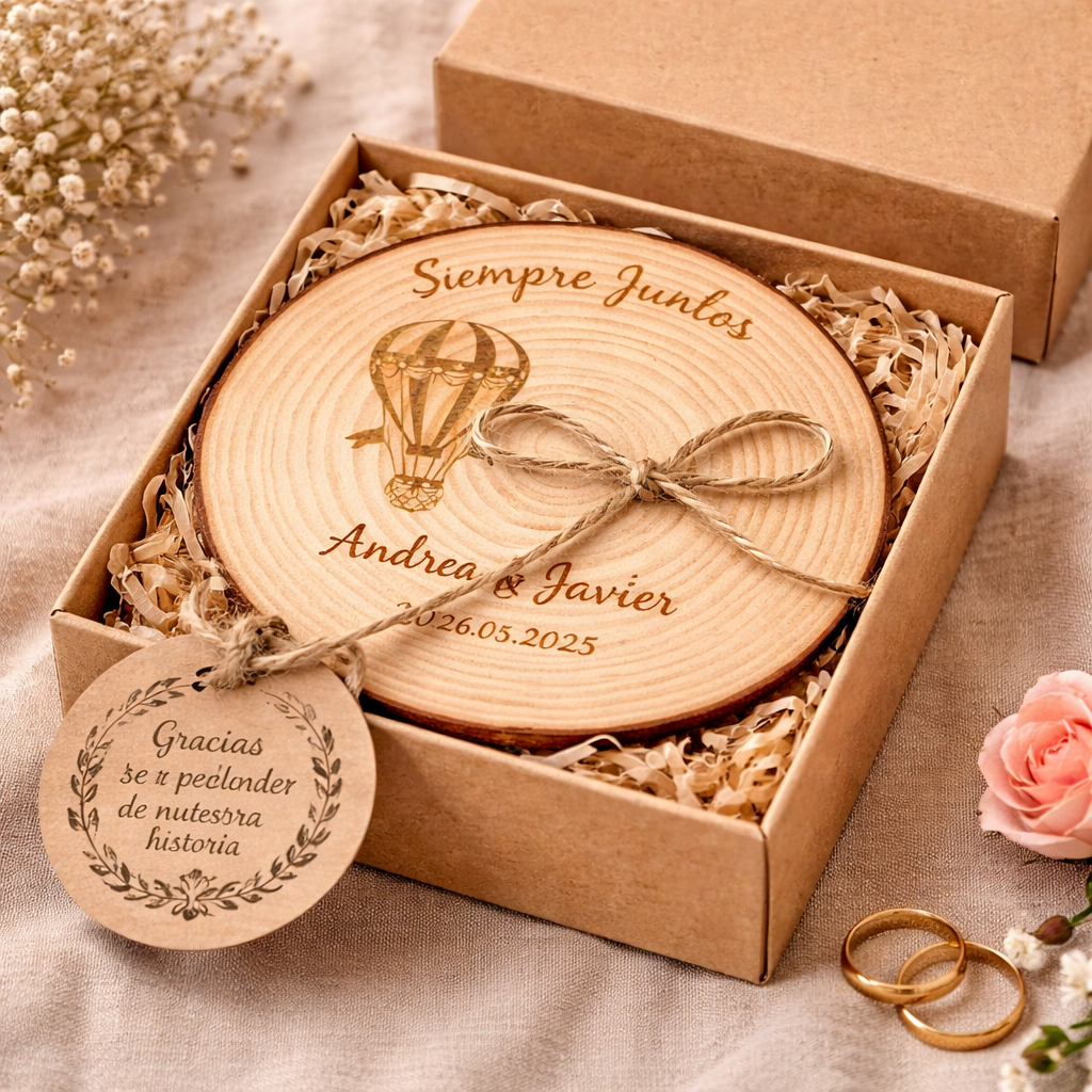 Porta alianzas de boda personalizable en rodaja de madera natural modelo globo