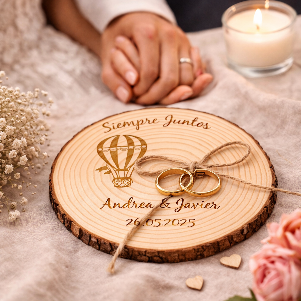 Porta alianzas de boda personalizable en rodaja de madera natural modelo globo