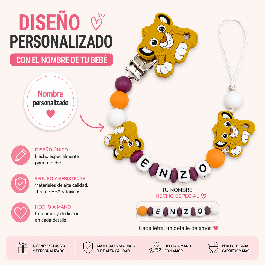 Chupetero de silicona personalizado Modelo Rey León, con nombre del bebé | Diseños únicos y seguros | Regalo perfecto para recién nacidos