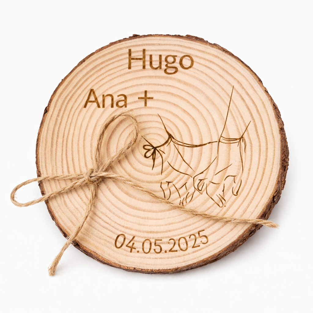 Porta alianzas de boda personalizable en rodaja de madera natural modelo hilo