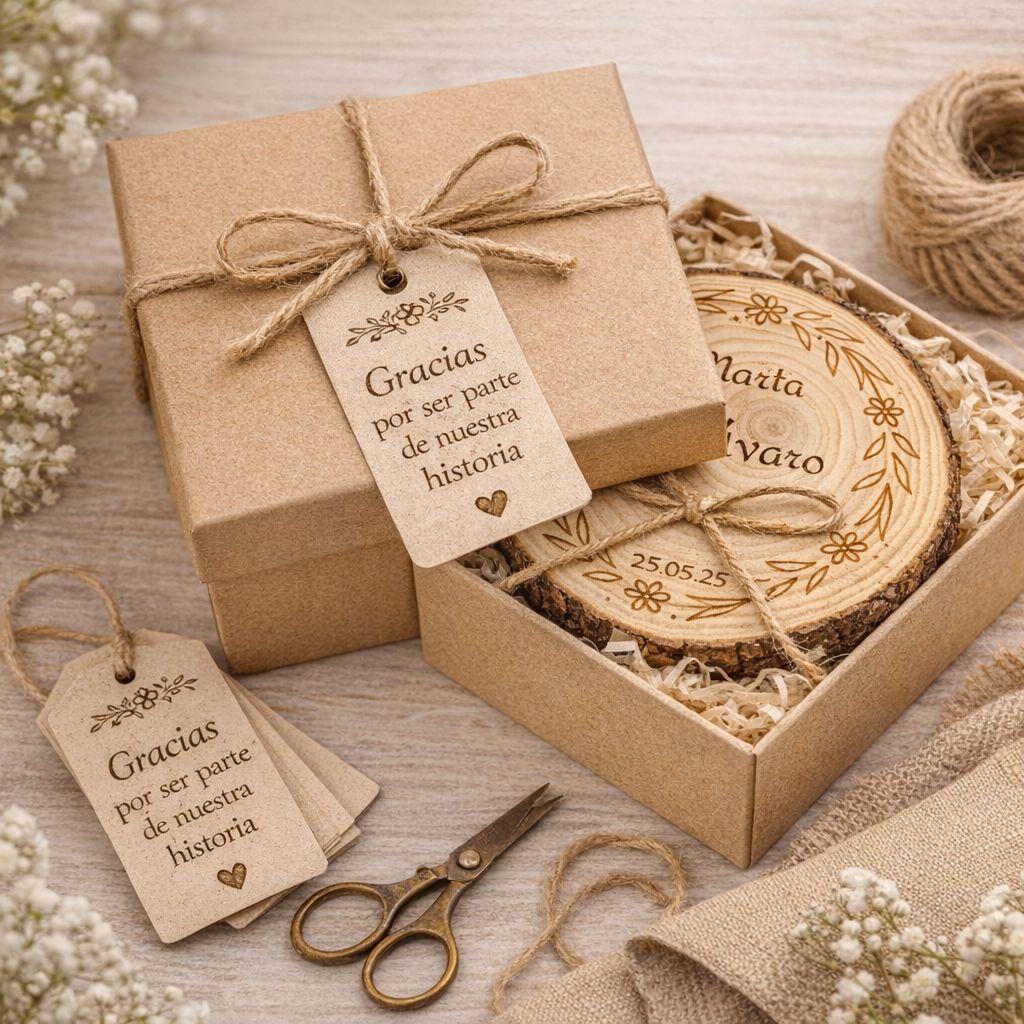Porta alianzas de boda personalizable en rodaja de madera natural modelo rama