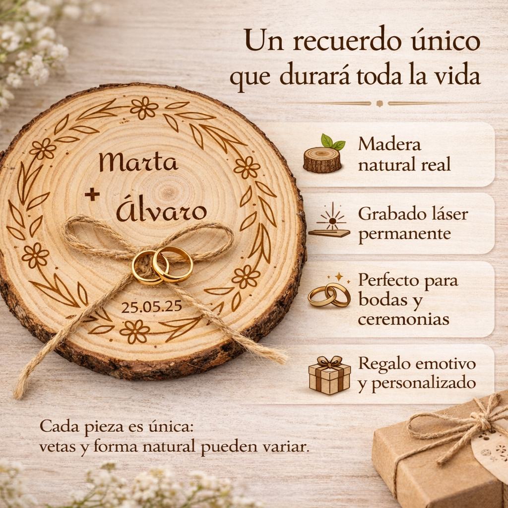 Porta alianzas de boda personalizable en rodaja de madera natural modelo rama