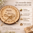 Porta alianzas de boda personalizable en rodaja de madera natural modelo rama
