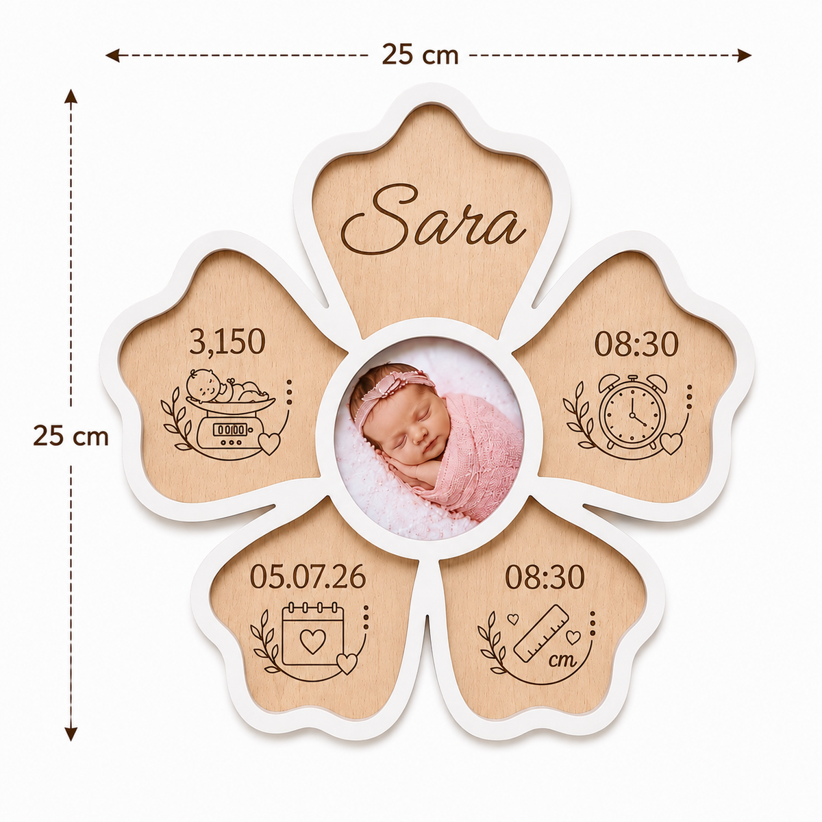 Marco floral de madera de haya con foto central y ancho de 25 cm