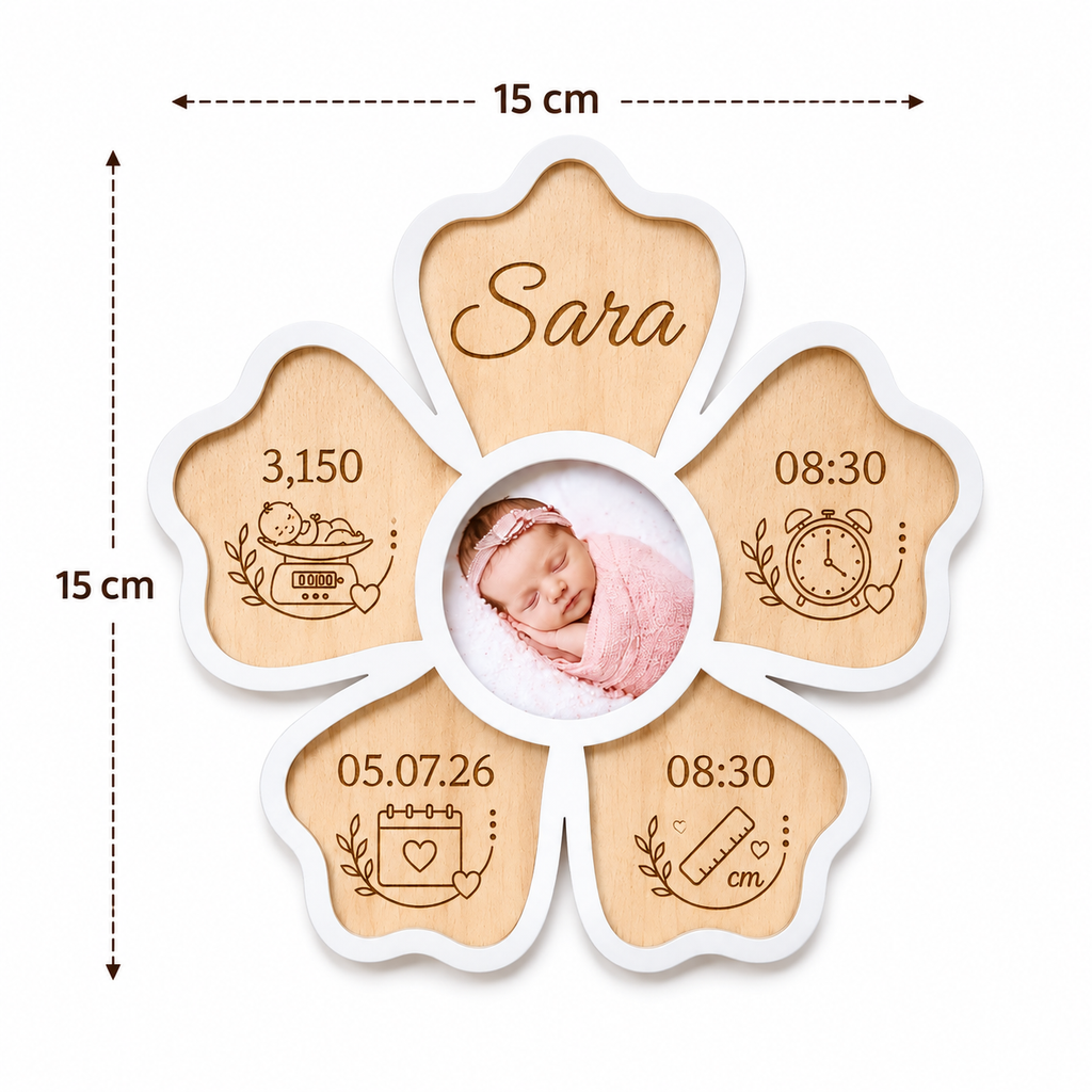 Marco floral de madera de haya con foto central y ancho de 15 cm