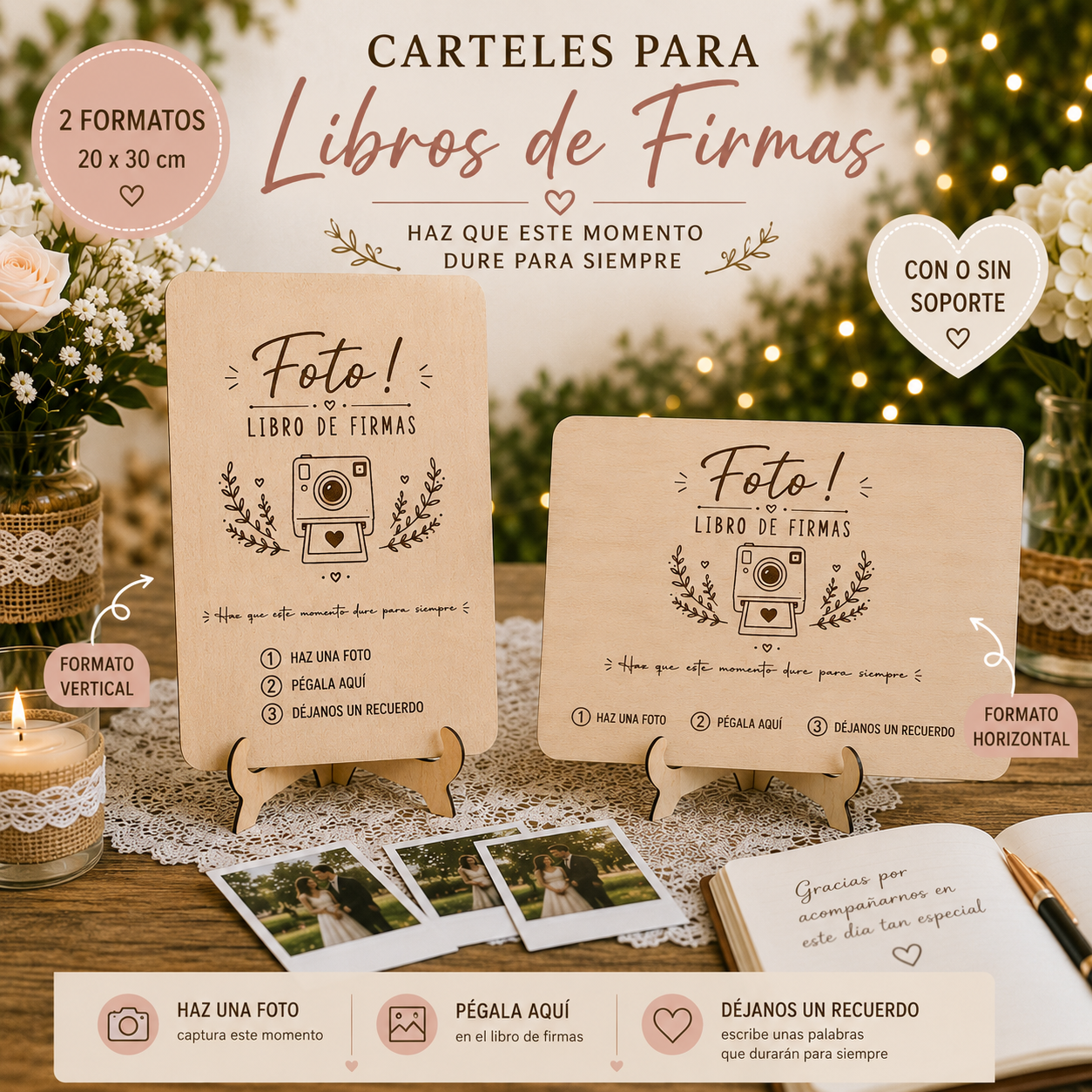 Cartel Personalizado para Libro de Firmas de Boda | Disponible en Vertical y Horizontal | Con o Sin Soporte