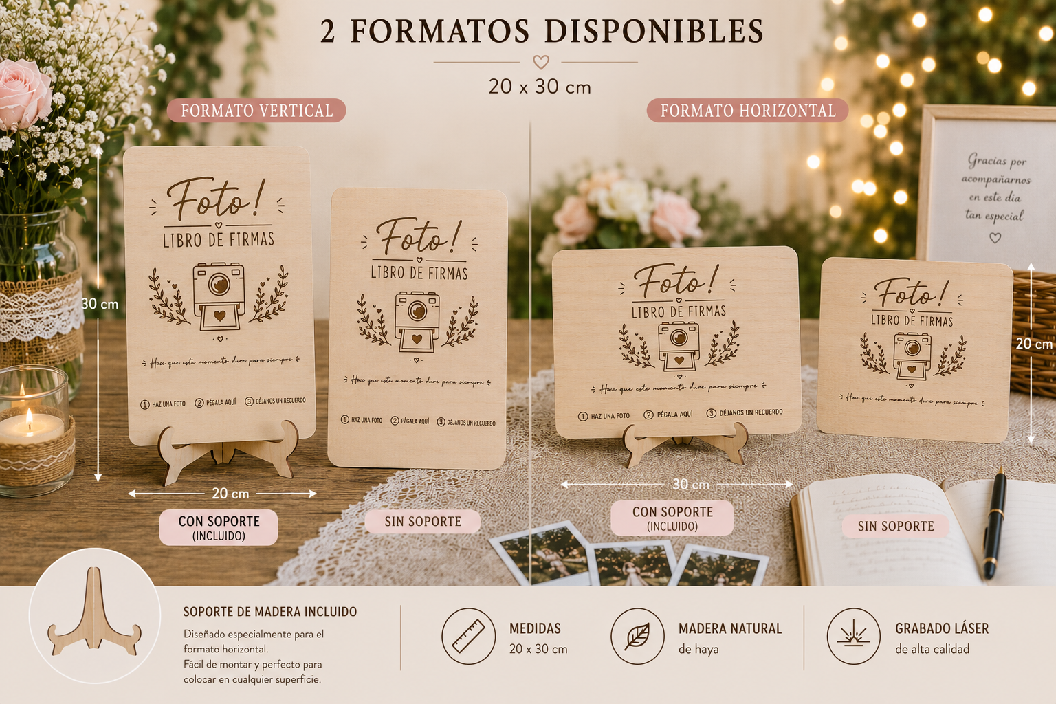 Cartel Personalizado para Libro de Firmas de Boda | Disponible en Vertical y Horizontal | Con o Sin Soporte