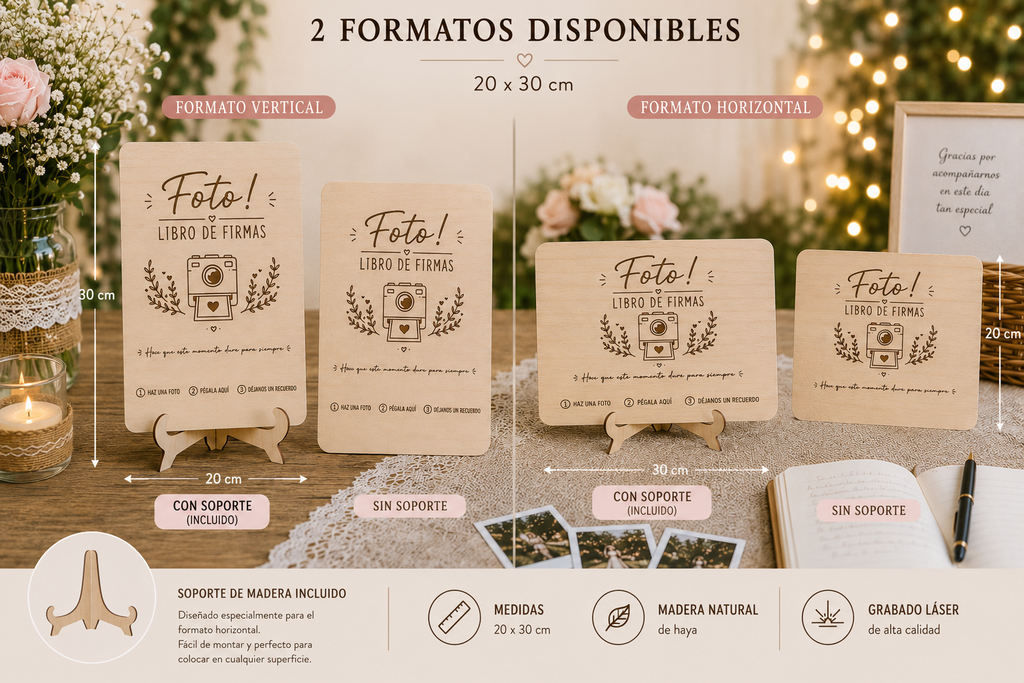 Cartel Personalizado para Libro de Firmas de Boda | Disponible en Vertical y Horizontal | Con o Sin Soporte