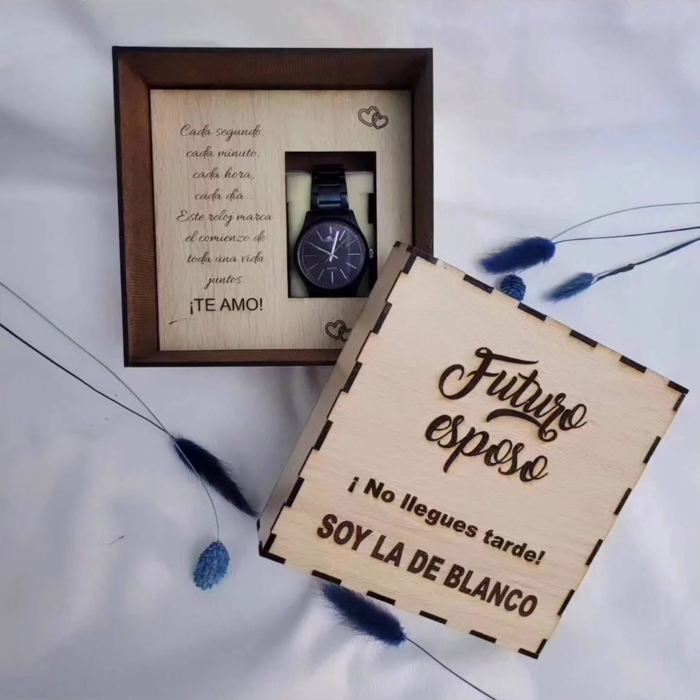 Caja de madera personalizada para regalar al novio el día de la boda. Modelo futuro esposo